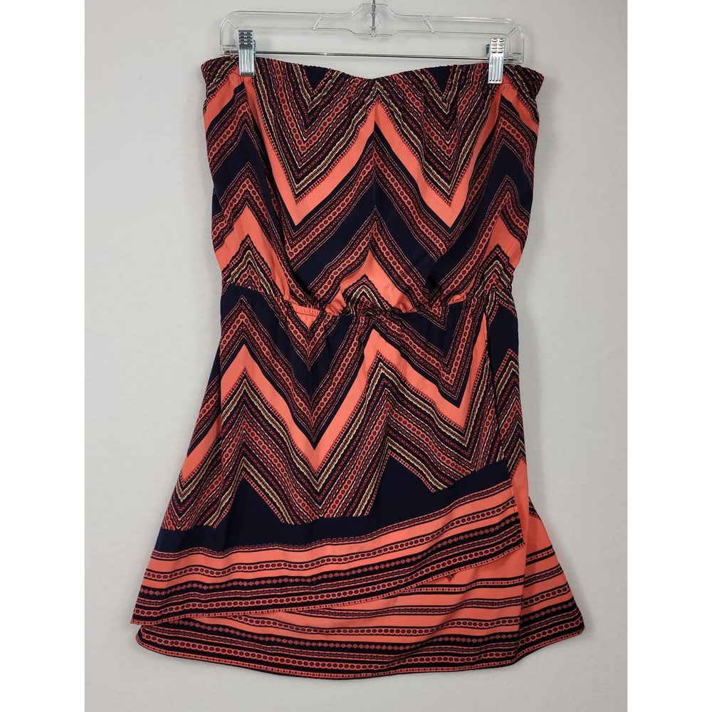 Express Strapless Chevron Mini‎ Tier Dress Medium Coral Navy Blue Geometric Y2K